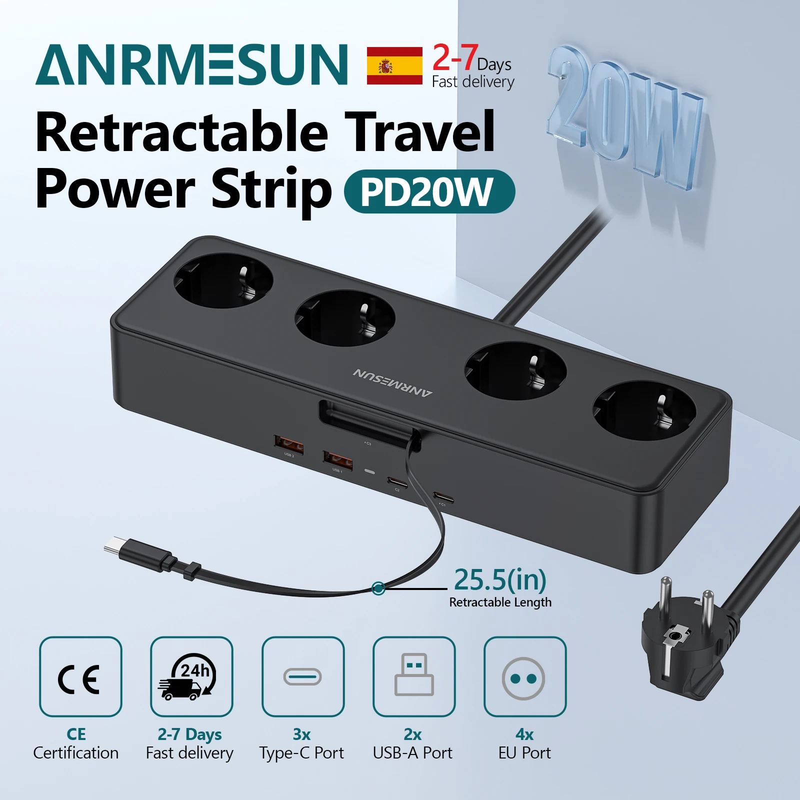 ANRMESUN Einziehbare Steckdosenleiste mit 4 AC-Anschlüssen, 2 USB-C & 2 USB-A, PD20W Schnellladung, EU-Wandadapter 2400W für Zuhause, Büro und Reisen