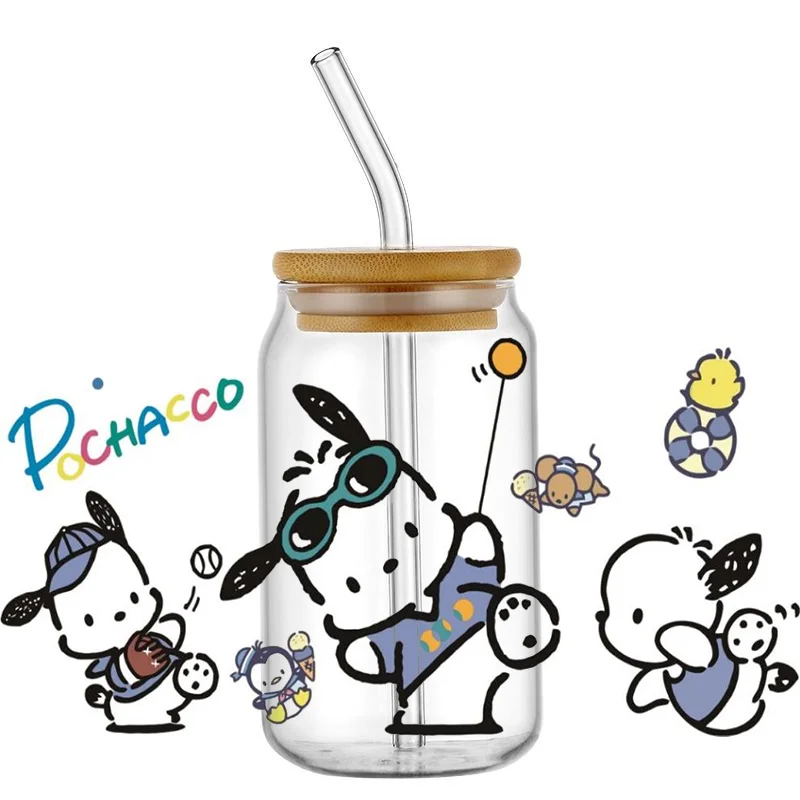 Miniso Pochacco stiker Bungkus anjing stiker tahan air UV cangkir DTF Mug membungkus stiker DIY 3D bungkus Decal untuk 16oz Libbey Glass