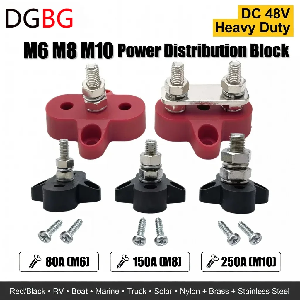 M6 M8 M10 Junction Terminal Block Stud Bus Bar Heavy Duty Battery Power Distribution DC 48V Busbar Red/Black Automotive RV Boat