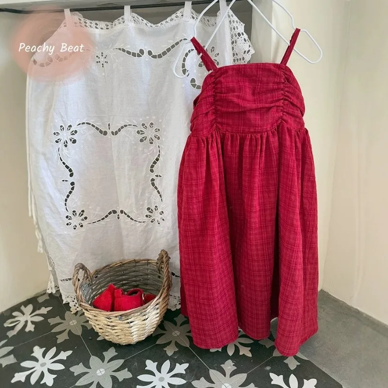 

Baby Girl Princess Strap Dress Sleeveless Infant Toddler Teens Child Red Plaid Vestido Party Birthday Summer Baby Clothes 1-12Y