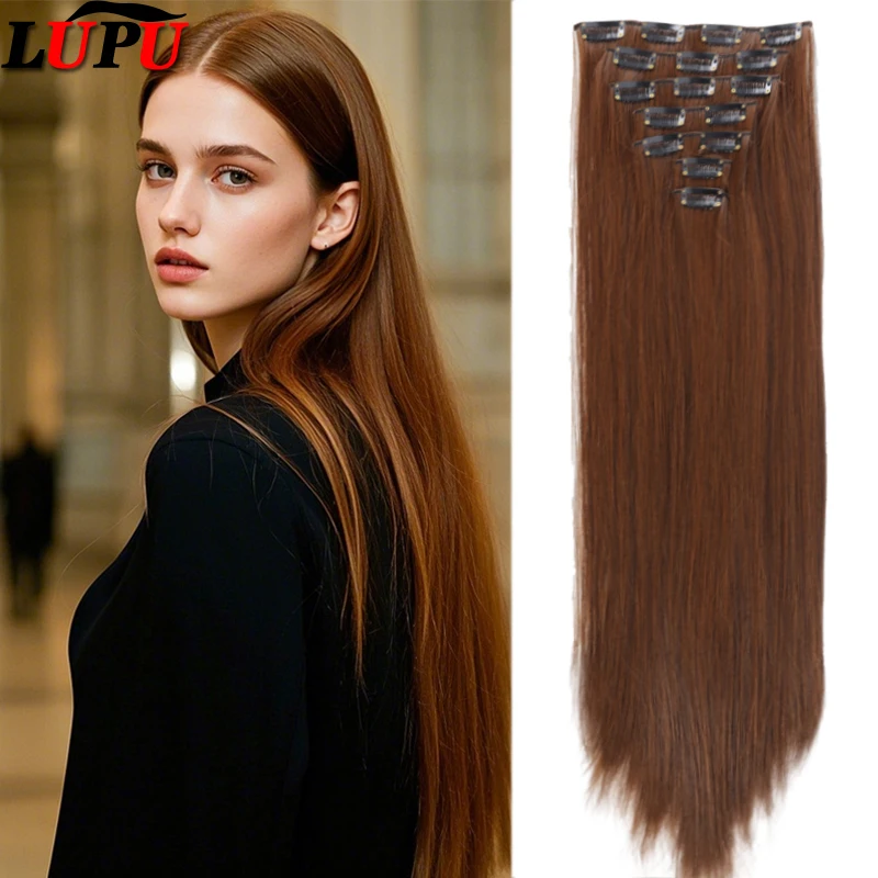

LUPU Накладные волосы на клипсе из 7 частей с прямой длиной 22 дюйма. Подходит для женских синтетических волос.