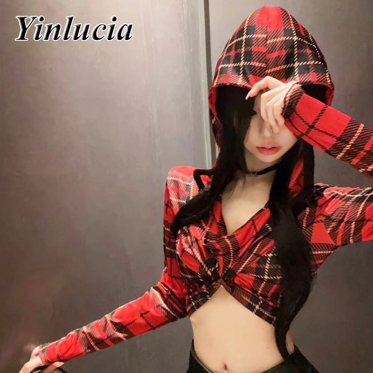 V Neck Exposed Navel Hooded tops Women Red Checkered Long Sleeved T-Shirt  Classic Hot Babes Sexy Style Christmas Party