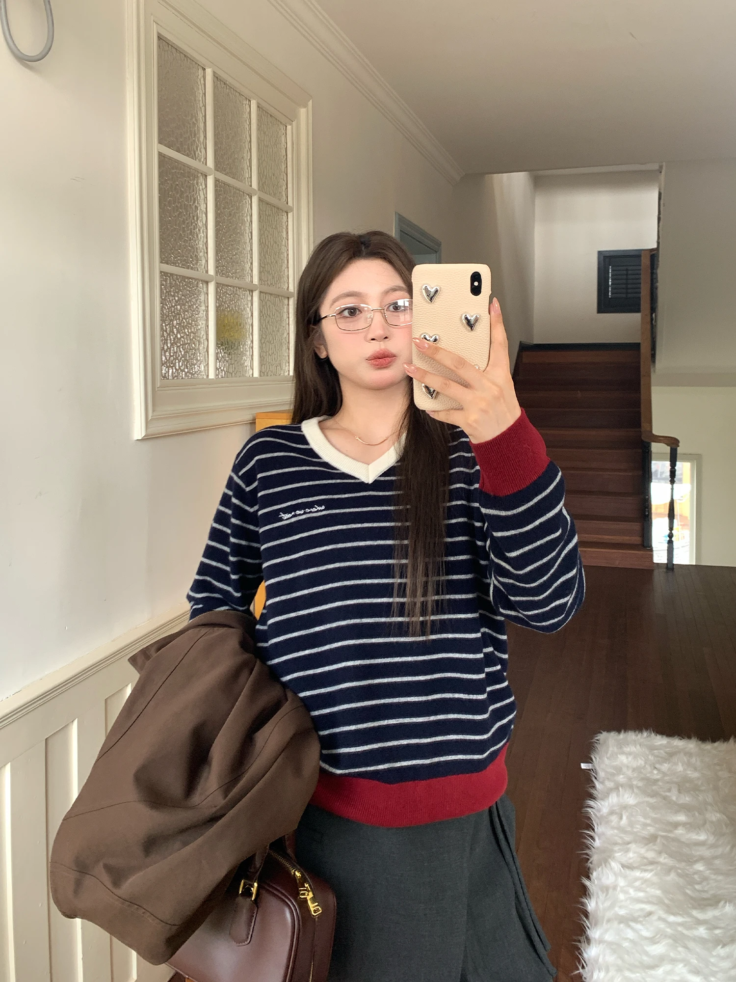 

NAZ Large Size Spring Knitted Sweater 00 Wool Color Blo Loose Faion Striped Top Women Casual Sle round Ne Long Sve