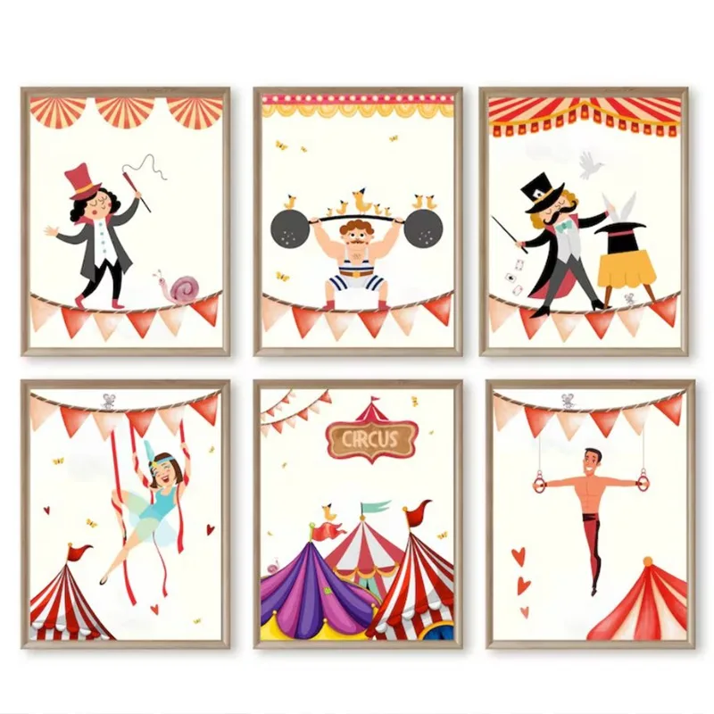 1pc frameless Canvas Painting Funny Cartoon Circus House Acrobats Carnival Magician Nursery Poster Canvas Painting Wall Art Pict
