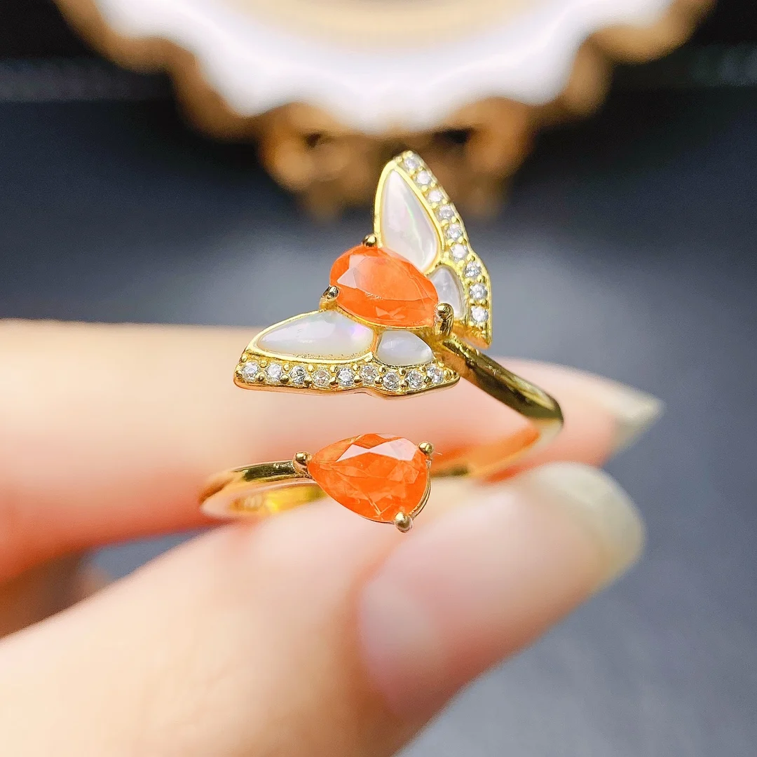 Orange Opal Ring With White Shell 925 Silver Rings Natural Real Fire Opal Women's Ring For Engagement Birthday Party Gift