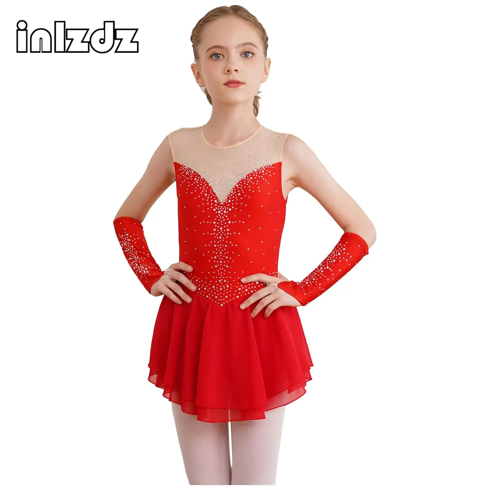 

Kids Girl Gymnastic Figure Ice Skating Dress Rhinestone Mesh Tulle Splice Leotard Dress with Gloves Outfits Ballet Dance Clothes