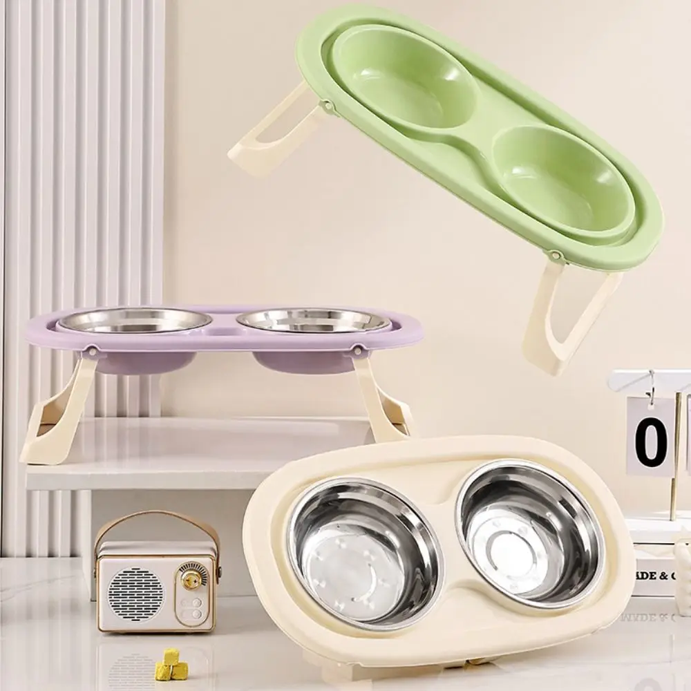 

Double Bowls Pet High Footed Bowl Non-Slip Detachable Cat Food Water Bowl Stable with Foldable Stand Pet Water Feeder Container
