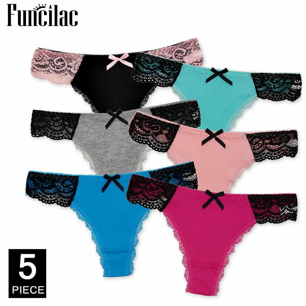 Women Sexy Lace G-Strings Cotton Thongs Bikini Panties Ladies Underpants Briefs Set Stripe Underwear Lingerie 5 Pcs/lot