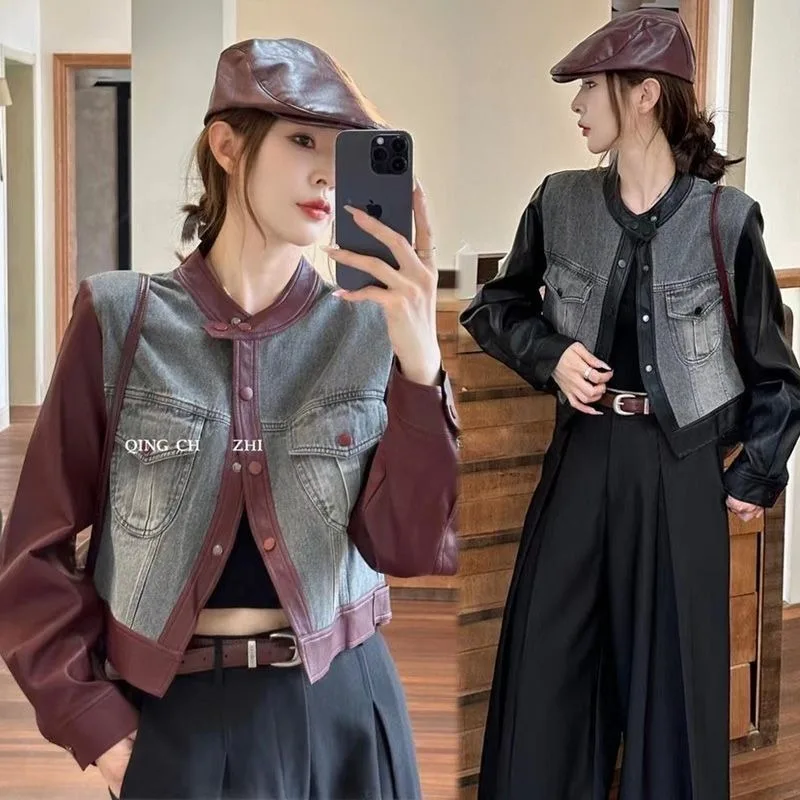 

Vintage Contrast O-neck Long Sleeve PU Spliced Jeans Coat Women Straight Slim Denim Jacket Autumn Patchwork Baseball Uniform