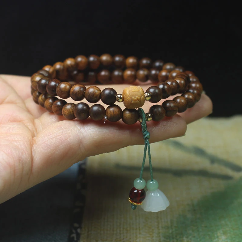 Black rosewood 6mm double-loop bracelet with white lotus pod pendant, forest-style DIY prayer beads and Buddhist jewelry