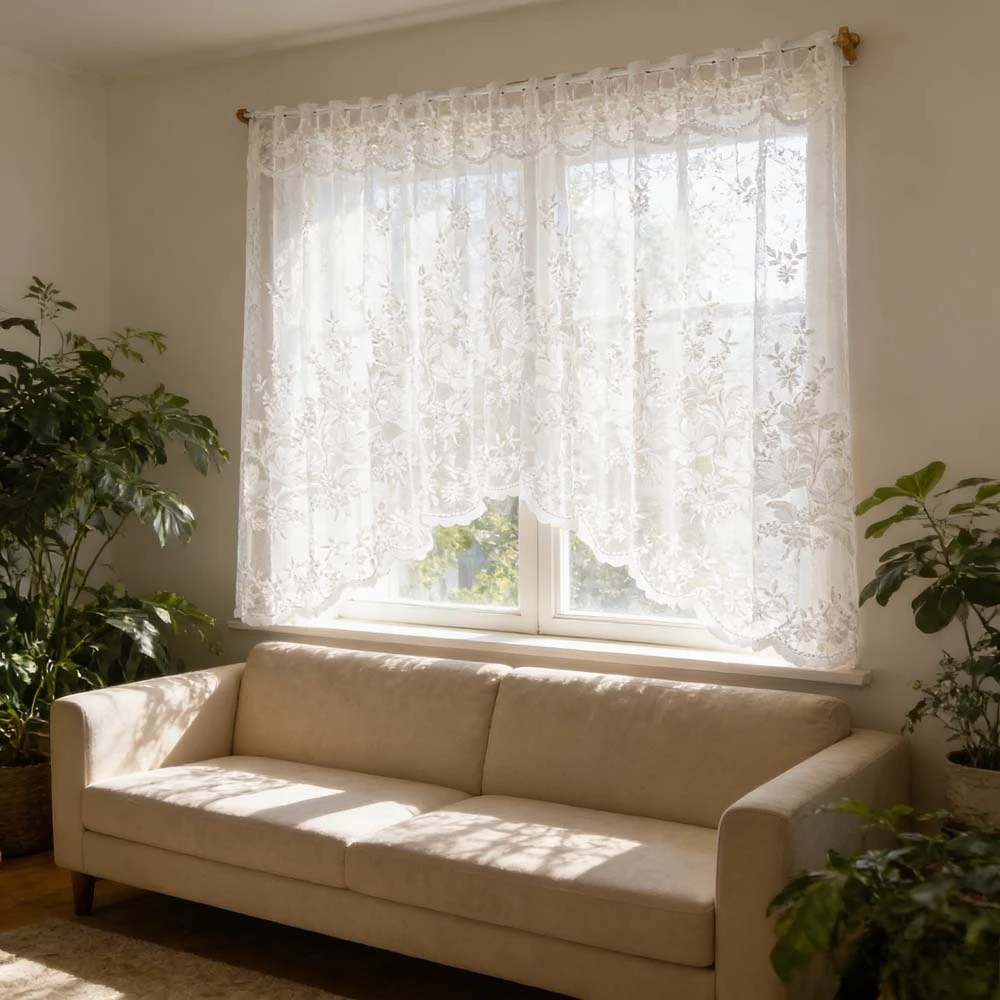 Retro White Lace Sheer Curtain Flower Embroidered Triangle Curtains for Kitchen Small Window Half Curtain French Country Decor