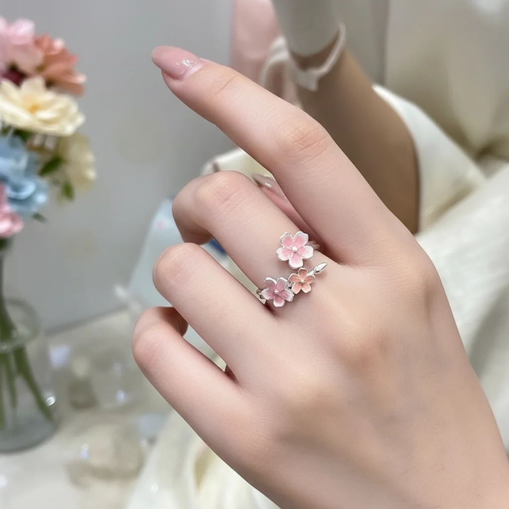 Sweet Pink Cherry Blossom Ring and Bangle for Women Dainty Fashion Jewelry Set Daily Wear Cuff Bracelet Open Adjustable Ring