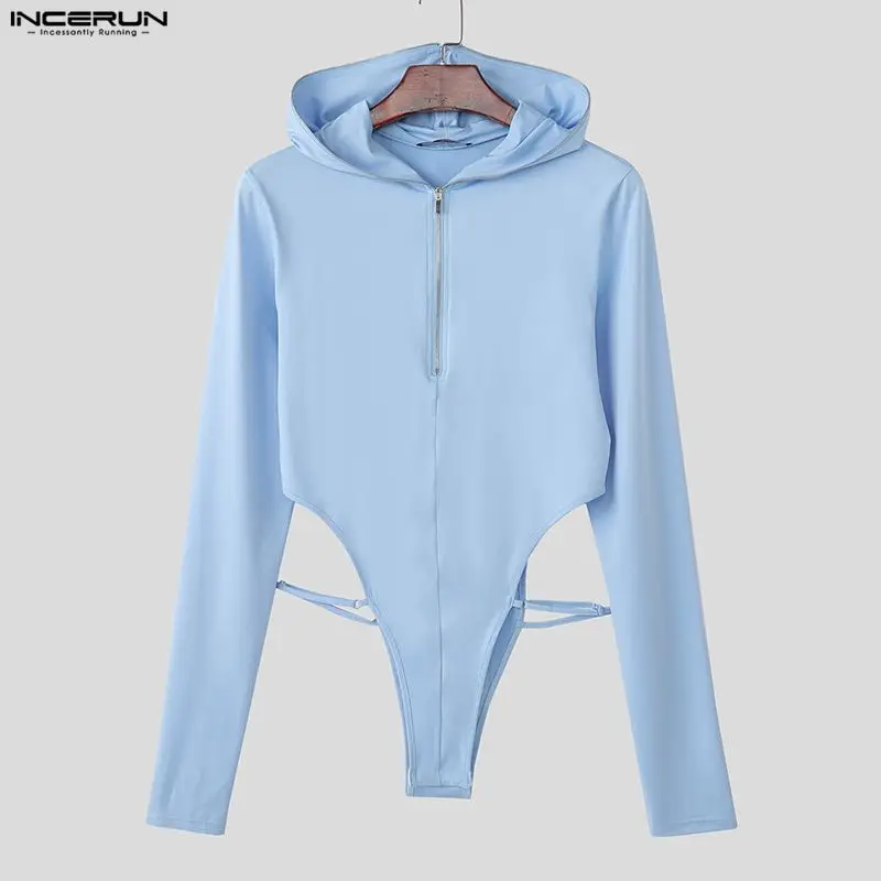 

INCERUN мужские боди однотонные вязаные комбинезоны с капюшоном и длинными рукавами мужские уличные комбинезоны на молнии модные повседневные боди мужские