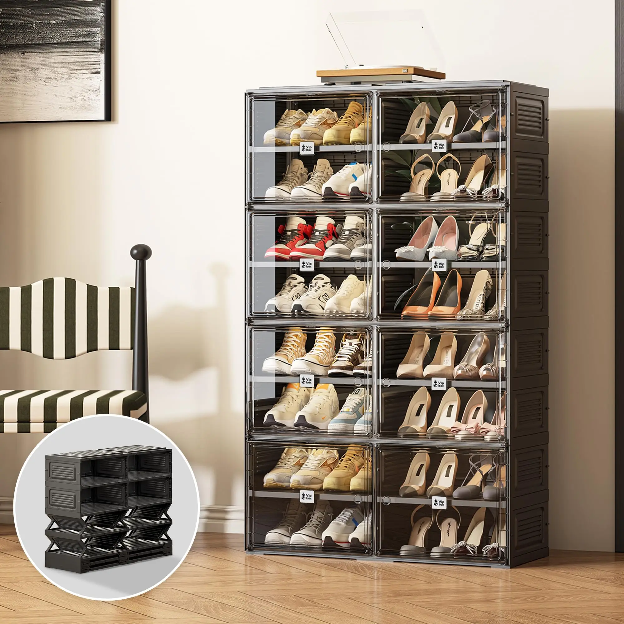 Black Shoe Rack Organizer Cabinet for Closet Entryway,Clear Shoe Storage Boxes Stackable Sneaker Storage with Door Easy