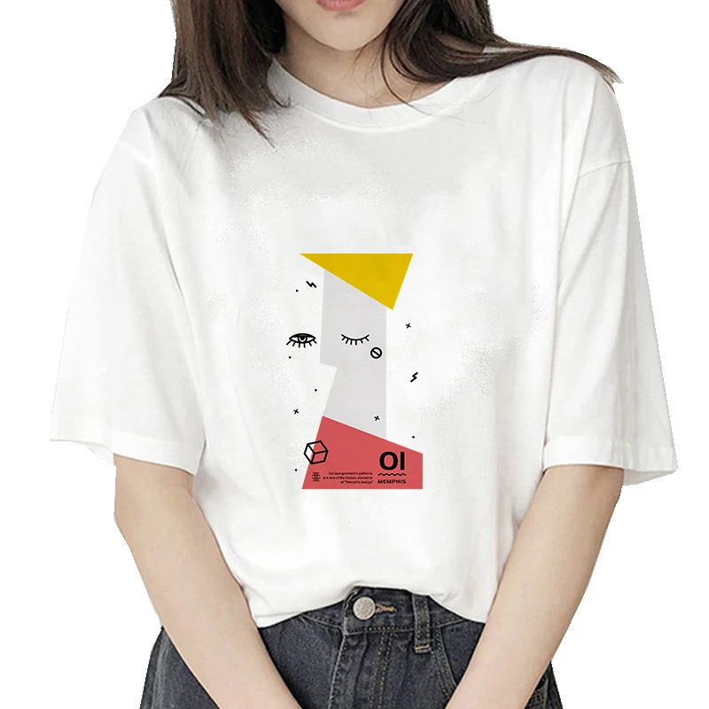 

2024 Summer Women Geometry T-shirt Aesthetics Graphic Short Sleeve Cotton Polyester T Shirts Female Camisetas Verano Mujer