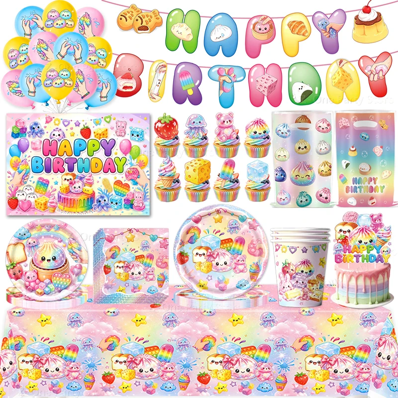 1 Set Dumpling Squishy Geburtstagsdekorations-Set mit Teller, Tasse, Ballon, Tortendekoration, Cartoon-Dampfbrötchen, Geschenktüte, Babyparty-Geschenke