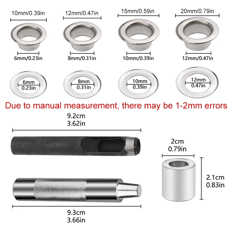 LMDZ 100 Sets Metal Grommet Eyelets 6mm 8mm 10mm 12mm Inside Diameter Silver with Hole Punch Tool for Clothes Shoes Bag Leather