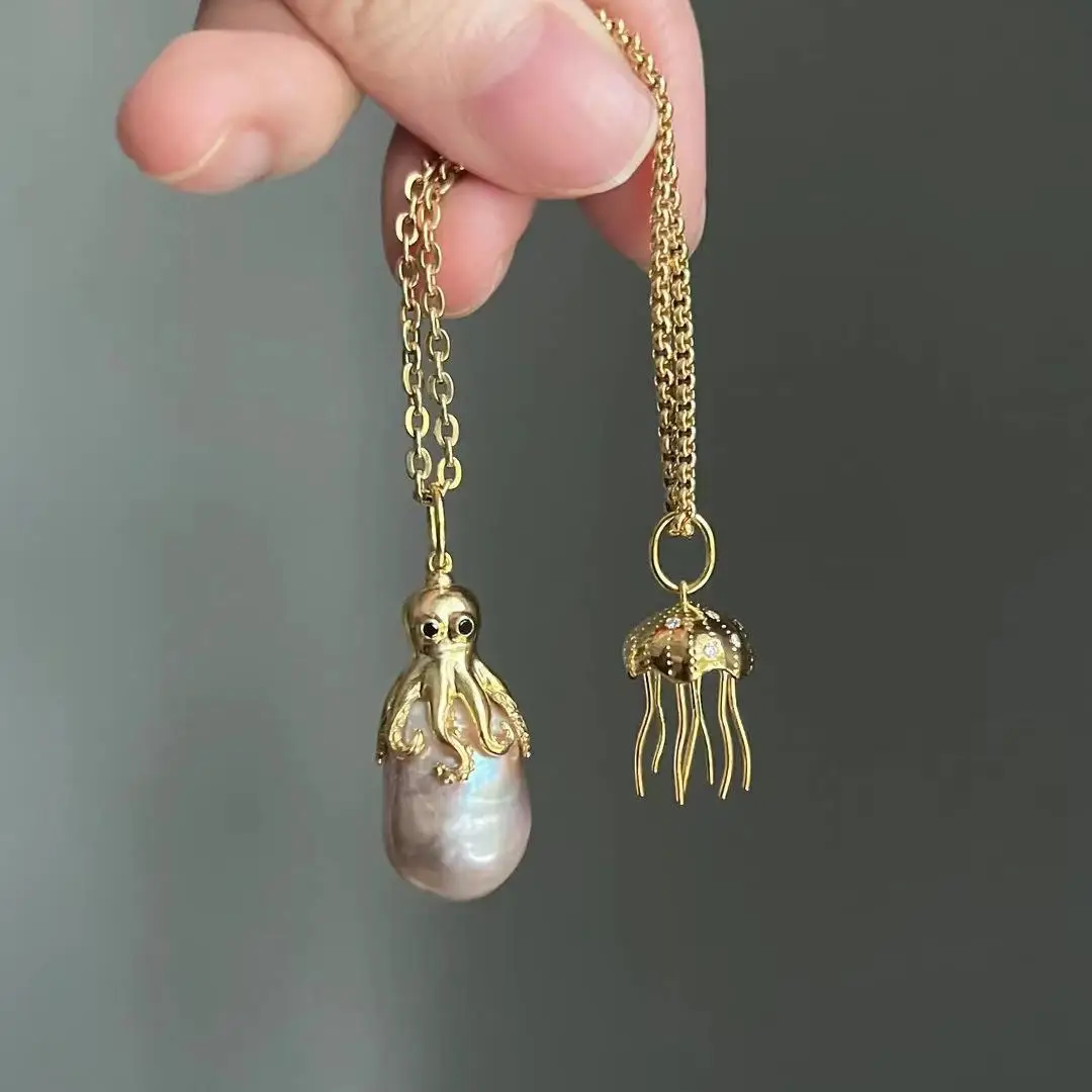 Vintage Jellyfish Octopus Pendant Necklaces for Women Ocean Animals Baroque Pearl Clavicle Chain Chokers Necklace Punk Jewelry