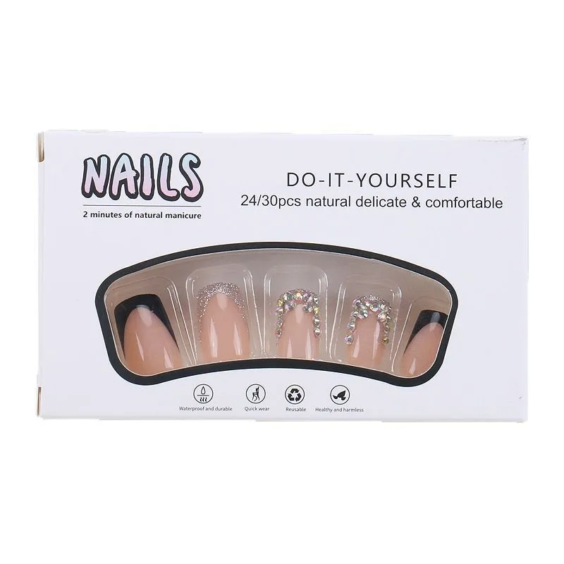 24 個ヨーロッパとアメリカの人気の着用ネイルパッチラインストーンスパークリングブラックフレンチネイルパッチスパイシーガール偽爪