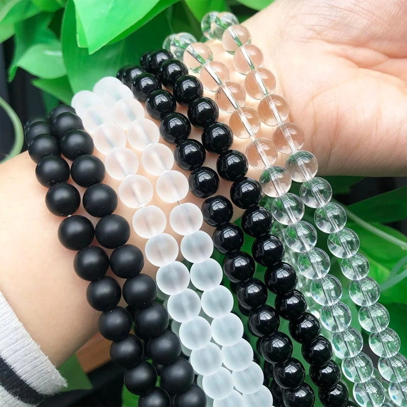 Natural Matte Black White Crystal Round Glass Beads For DIY Bracelet Jewelry Making 15'' Handmade Accessories 4 6 8 10 12mm
