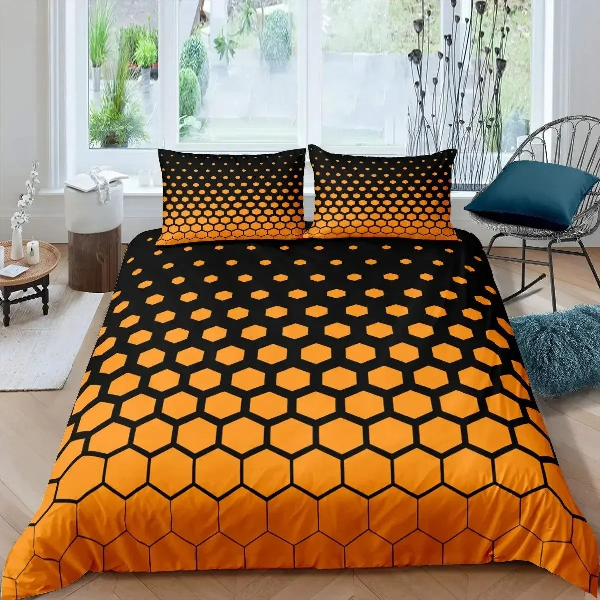 Honeycomb Duvet Cover Hexagon Comforter Cover Geometric Beehive Twin Queen Size Bedding Set Modern Abstract Line Art Bed Set