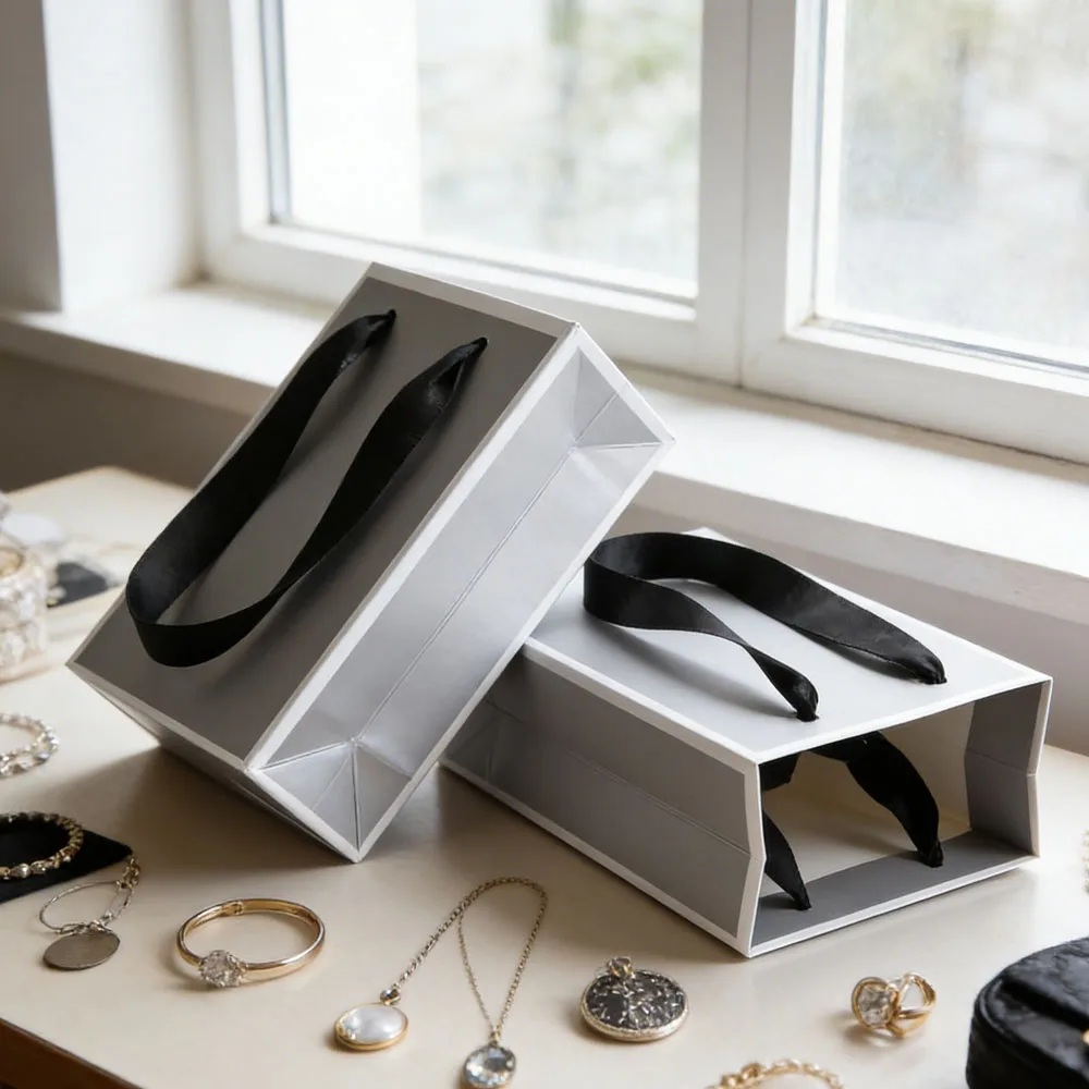 

Silver Grey Gift Shopping Bag Cardboard Clothing Paper Bag With Black Ribbon Handle Square Bottom for Packaging Small Business