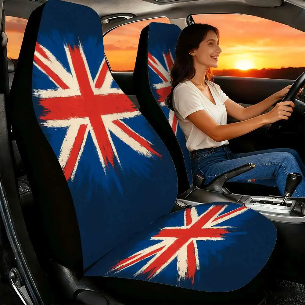 2pcs Artistic Union Jack Flag Car Seat Covers Suitable For Front Seats, High Back Design, Material, Suitable For Cars, SUVs And