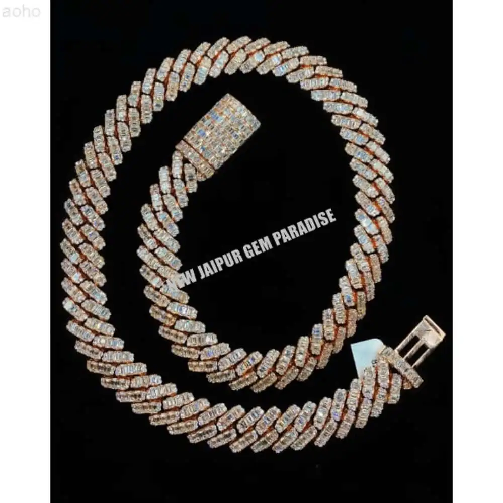 

Heavy Quality 14mm Cuban Link Chain Vvs Quality Baguette Cut Moissanite Diamond 925 Sterling Silver Rose Gold Plated Hiphop