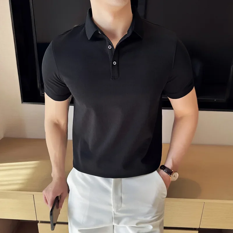 Mens Short Sleeved POLO Shirt 2024 Summer New British Style Solid Casual T-shirt Pure Cotton Slim Fit POLO Shirt Men Clothing