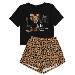 Women Pajamas Set Sexy Leopard Printing Shorts Pyjama Suit Home Clothing Loose Short sleeve T-shirt Top Nightwear Loungwear 2psc