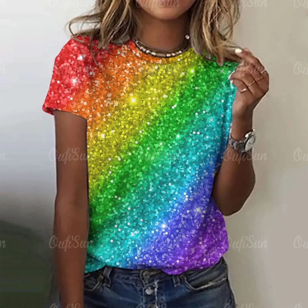 

New Glitter Sparkle T-Shirt Rainbow Colorful Print Trendy T Shirts Short Sleeves Casual Tshirt Beach Printed Top Tees Large Size