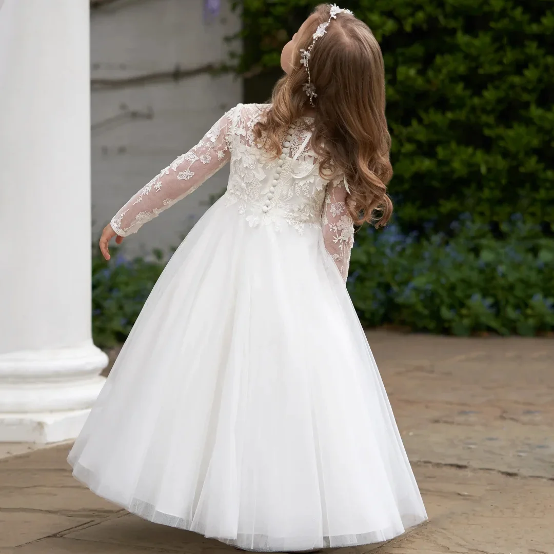 فستان زفاف مخصص بأكمام طويلة لفتاة الزهور البيضاء مزين بالزهور لحفلة موسيقية وأعياد الميلاد وحفلات التواصل المقدس