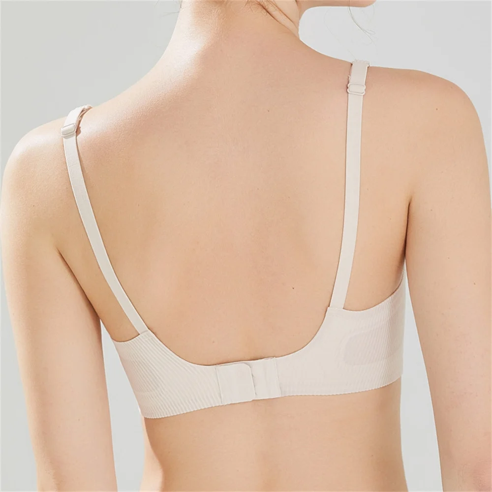 Seamless Women\'s Bra Small Chest Big Hollow Design Underwear Support Non-removable Semi-fixed Cup One Piece Striped Thin Bra