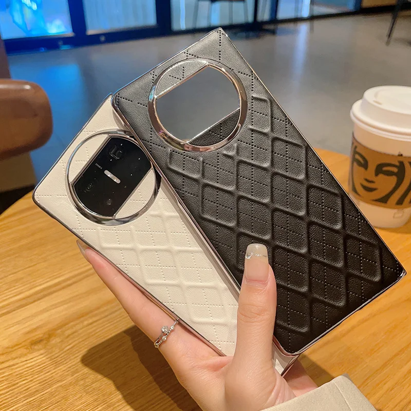 

For Huawei Mate X3 Leather Foldable Case Cubical Diamond Grid Pattern Raised Camera Lens Protection Plating Silver Case Cover