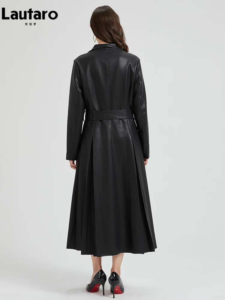 Lautaro-PU Leather Trench Coat for Women, Long Black Overcoat, Soft Skirted, Sashes, Elegant and Luxury, Chic, Spring and Autumn