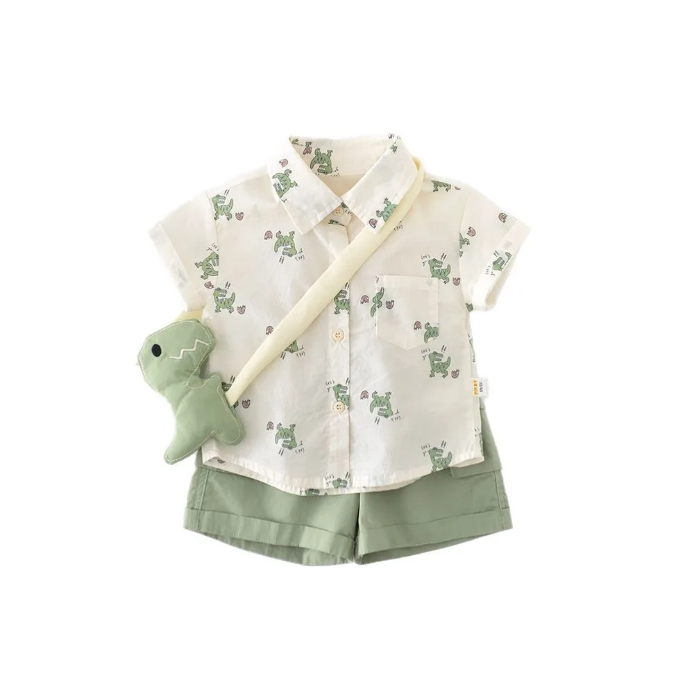 Summer boys cartoon short-sleeved two-piece set, baby full print little dinosaur set, free strap doll 5