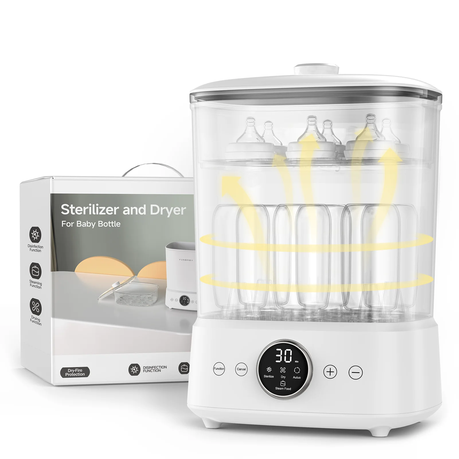 

YunBaby Baby Bottle Steamer and Dryer, with 2-Layer Large Capacity, for All Baby Items, Bottles/Accessories, One-Touch Control