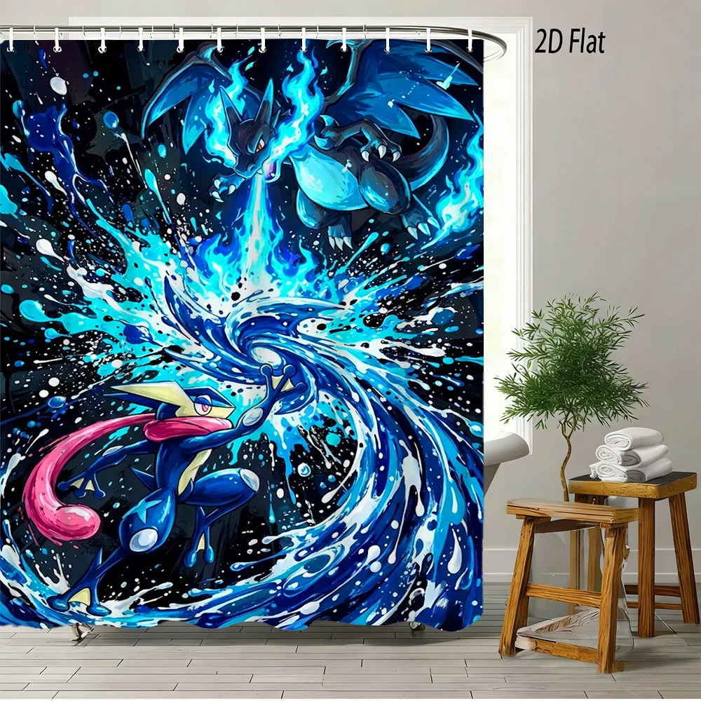 

2D плоская шторка для душа с изображением Покемонов Мега Чаризард X и Гренинжа с эффектом брызг воды