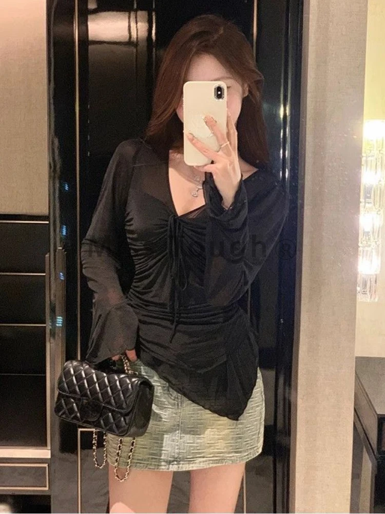 Summer New Thin Cardigan Women Sexy See Through Y2k Design V-Neck Harajuku Clothes Female Korean Fashion Chic Vintage 2000s Top