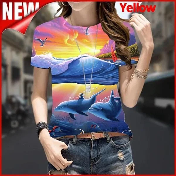 

Cute Dolphin Print T-shirts For Women Summer Lovely Short Sleeve Casual Round Women's Blouse