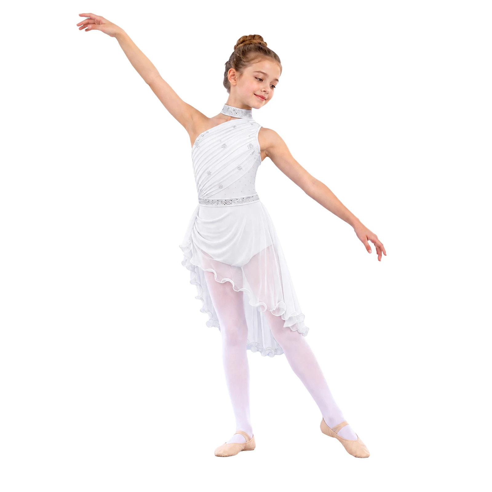 Kids Girls Lyrical Dance Dress Halter One Shoulder Sleeveless Shiny Rhinestone Lettuce Hem Ruched Dress Ballet Dance Leotard