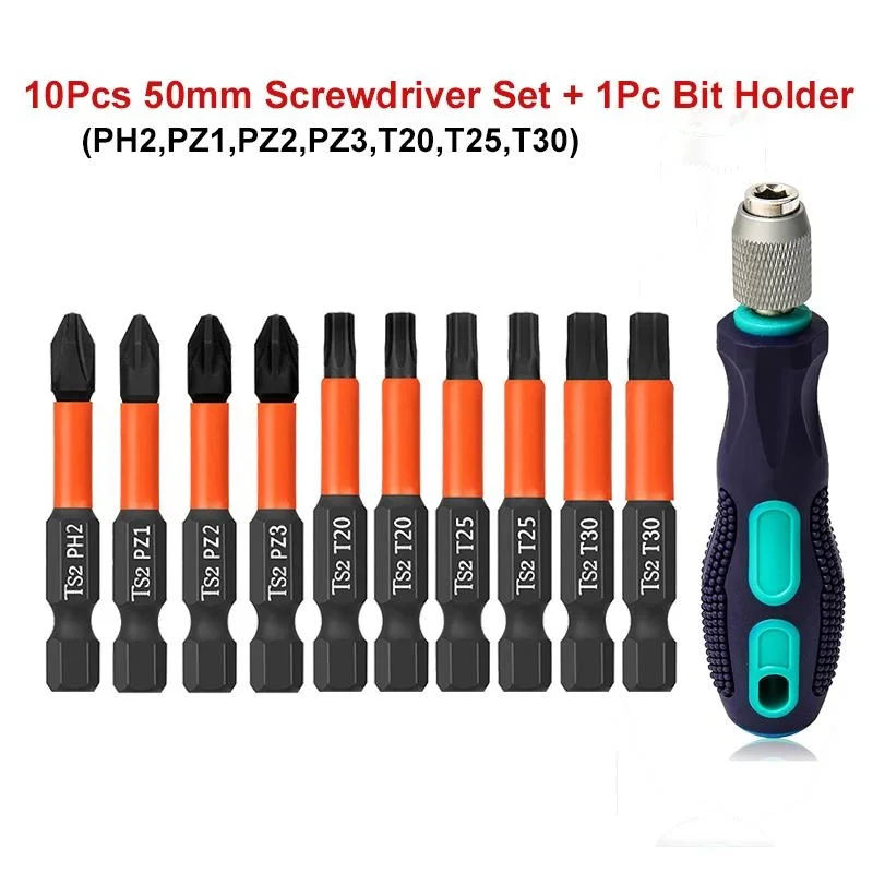 

Screwdriver Set with Bit Holder, 1/4 ”Hex Shank, Pozidriv Cross Torx Driver Bit, PH2 PZ1 PZ2 PZ3 T20 T25 T30, 50mm, 11Pcs