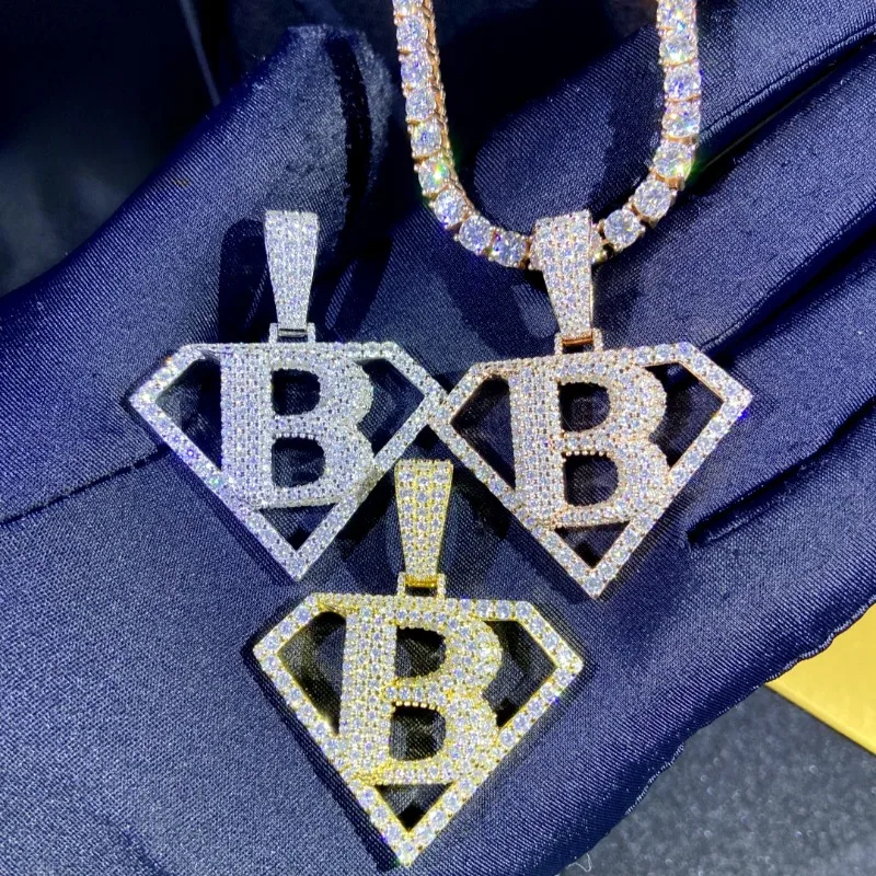 S925 Silver Iced Out Moissanite Triangle B Letter Pendant Hiphop Jewelry Miami Bling Diamond Letters Pendant Necklaces Pass Test