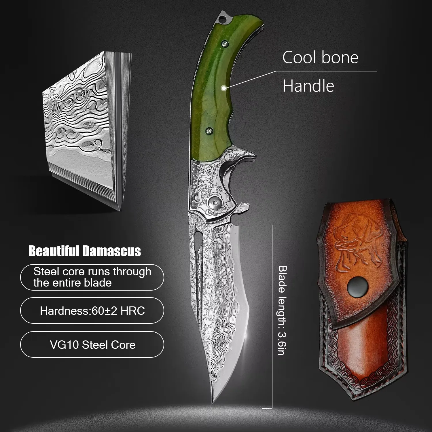 Cool Bone Handle Damascus Steel VG10 Blade Survival Tool EDC Self Defense Hand Tool Folding Knife Portable