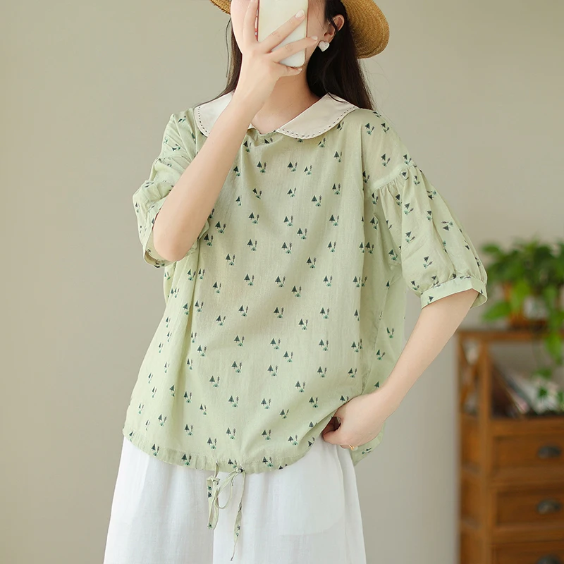 

Женский летний дизайнерский топ из хлопка и льна в стиле ретро, модный маленький топ с цветочным принтом, свободный крой для поездок на работу