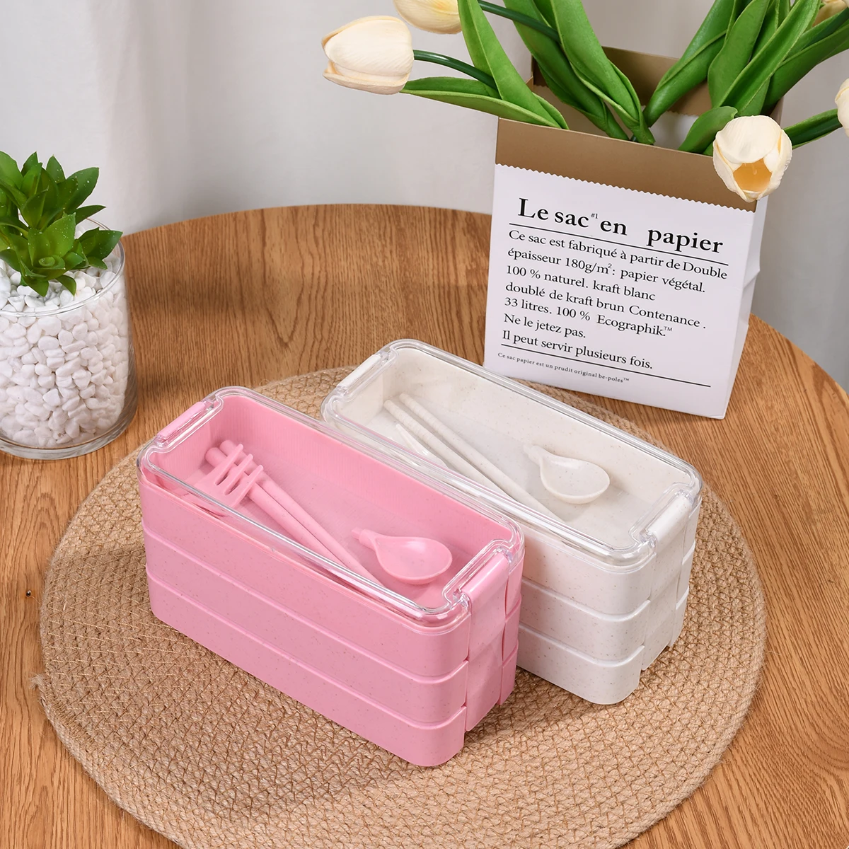 Large Capacity Three Layer Portable Lunch Box, Cutlery With Fork And Spoon, Food Storage Breakfast Cup Family Outdoor Bento Box