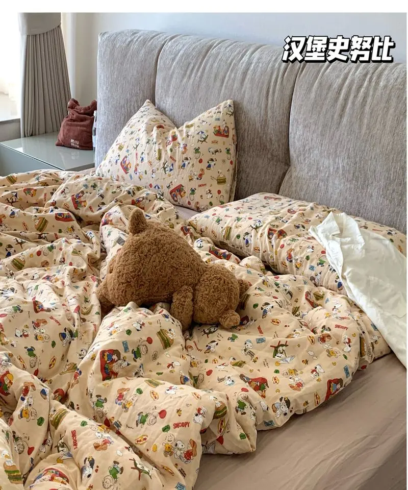 Snoopy Bed Sheets Duvet Cover Set Cotton Cartoon Print Soft Skin Friendly Bedding Set With Pillowcases For Dorm Home Bedroom