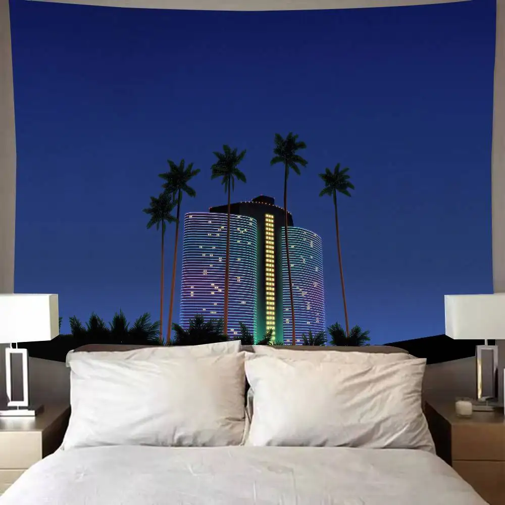 Retro Palm Tree City Building Tapestry, Night Tropical Skyscraper Landscape Dark Blue Evening Urban Scenery Wall Decor