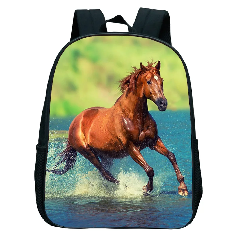 Kids Nylon Backpack with Running Horses Print Waterproof School Bag for Boys Girl Hight Quality Write Horse Kindergarten Bookbag