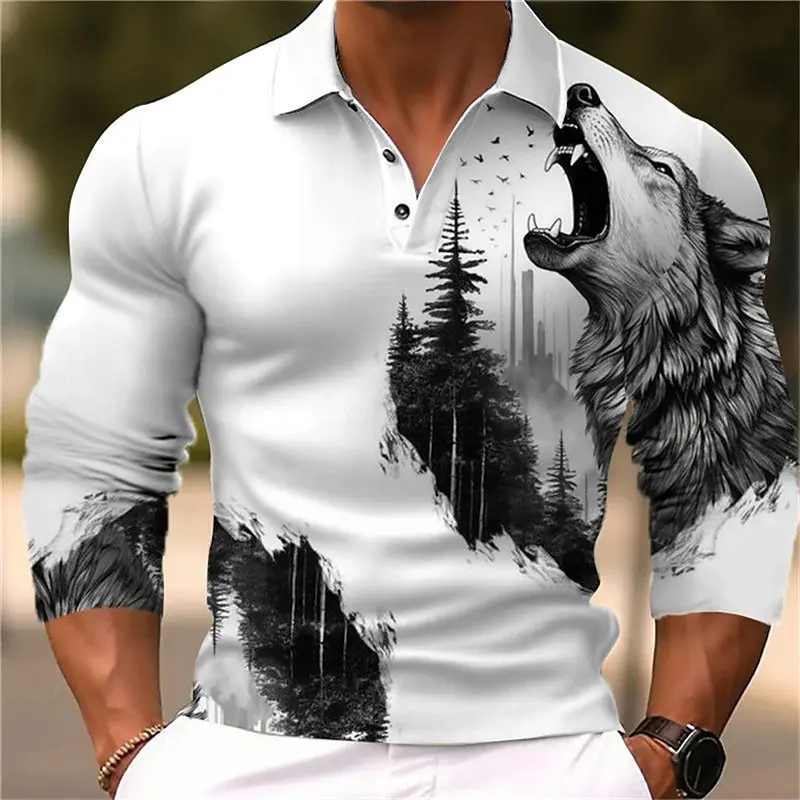

Funny 3D Wolf Pattern Men's Long Sleeve T-shirt Fashion Lapel Polo Shirts Hip Hop Trend Street Clothing Autumn Casual Loose Tops